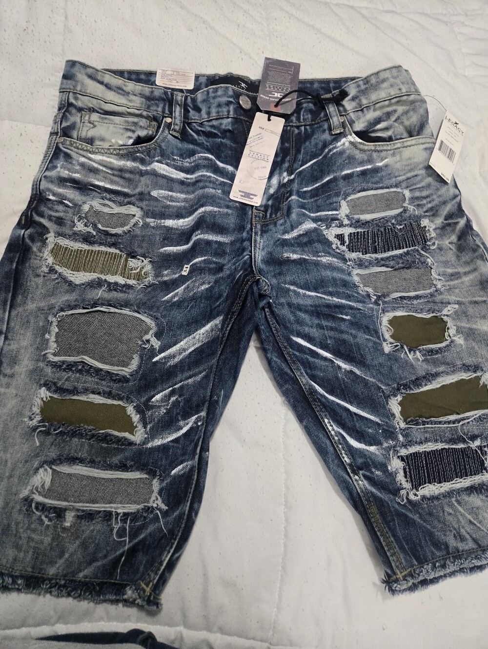Jordan Craig Men's Distressed Patchwork Jeans - Washed Blue with Olive Accents